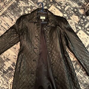 Neiman Marcus Black Trench Coat with Quilted Design and Zipper Closure